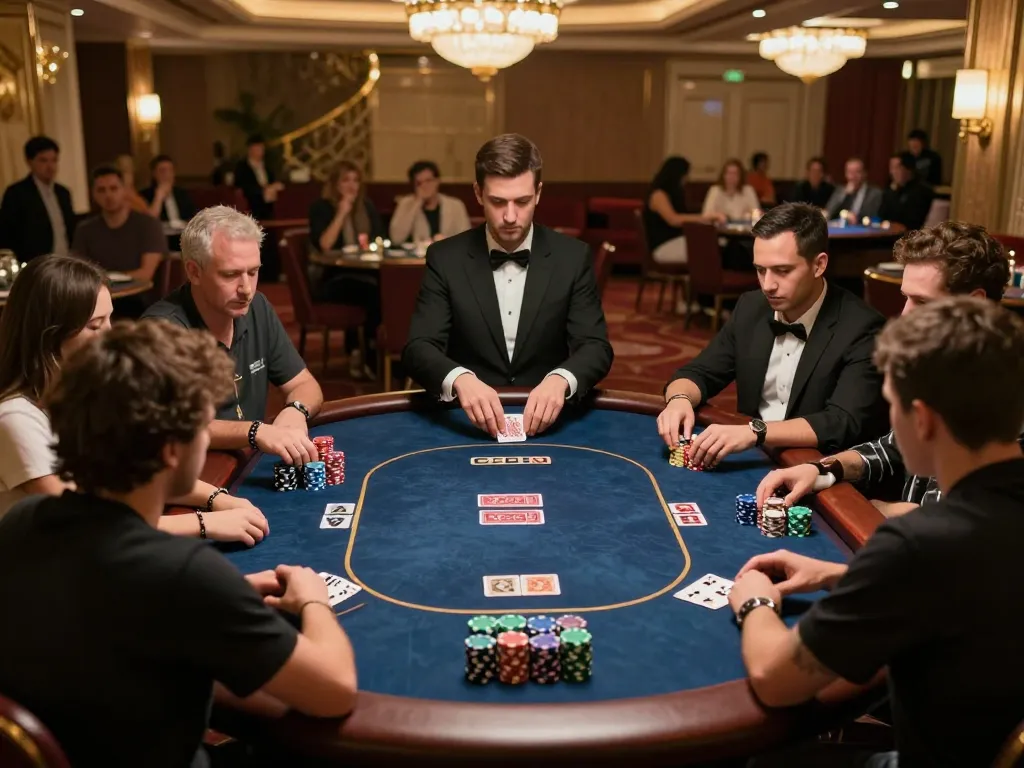 Players strategizing in a vibrant poker game featuring rokok 88 chips and cards.