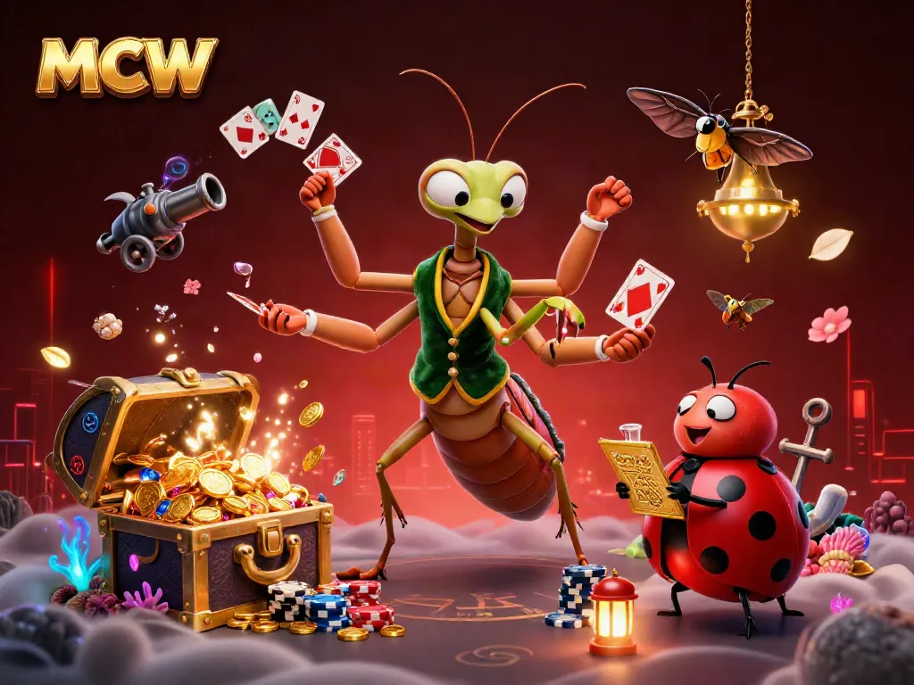 MCW brings exciting casino energy with a giant mantis dealer and colorful treasures in this dynamic 3D scene.