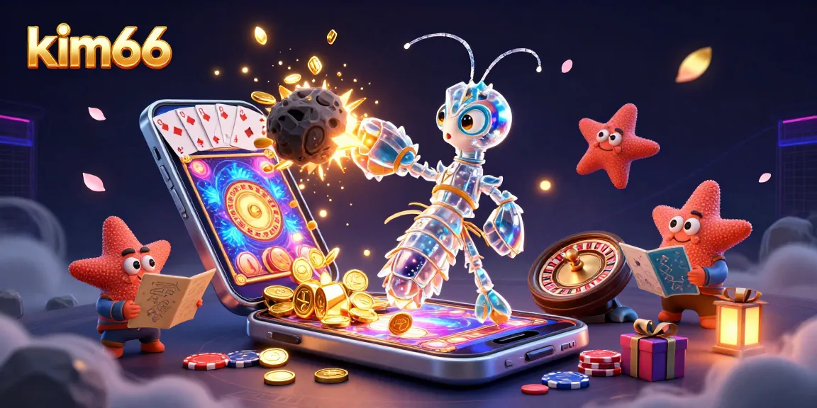 Experience the action at kim66, where a vibrant mantis shrimp battles an asteroid while gaming elements explode around.