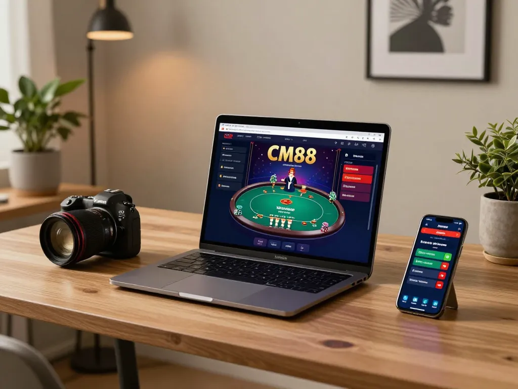 Engaging scene of user betting on CM88's online casino with laptop and smartphone at cozy workspace.