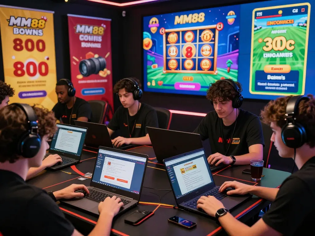 MM88 gaming experience featuring players engaged on laptops and mobile devices, vibrant atmosphere showcasing online betting.