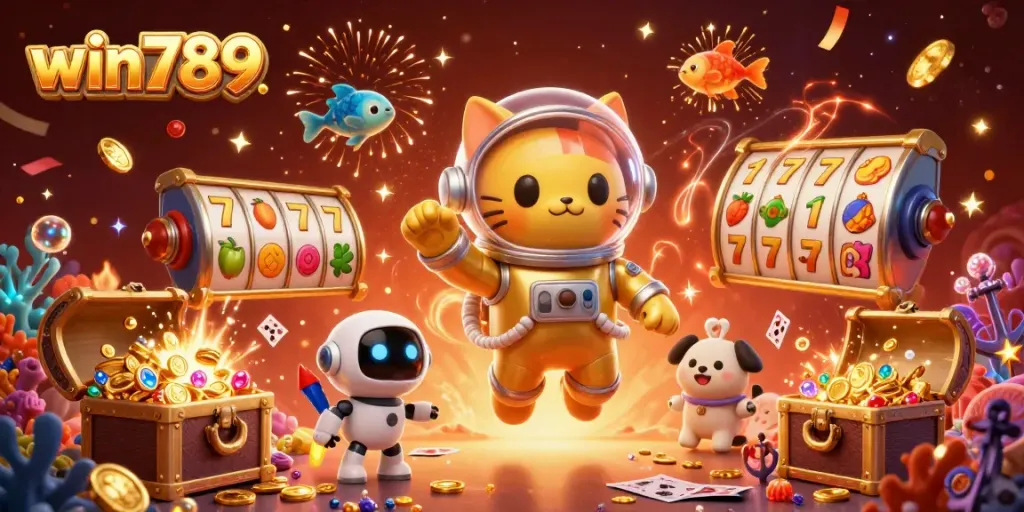 Engage with the thrilling slot experience at win789 featuring a lively cartoon scene of an astronaut cat and a robot dog among vibrant casino elements.