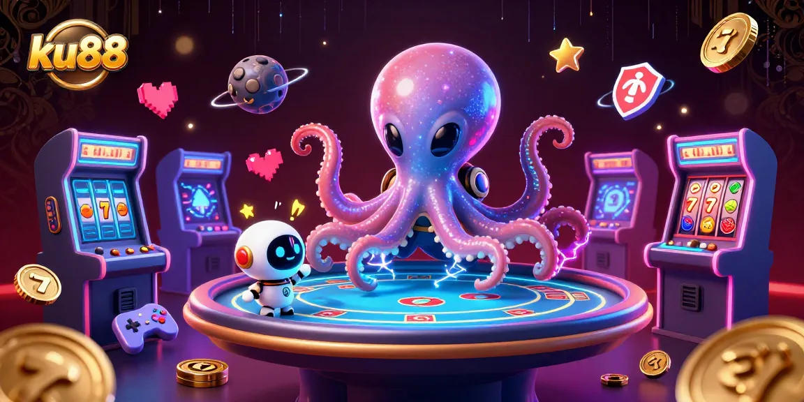 ku88 alien octopus at holographic poker table with vibrant casino game elements