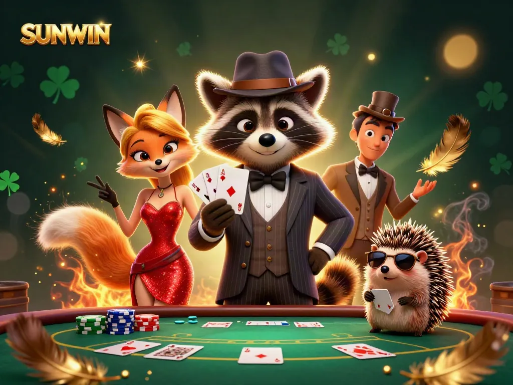Engage in thrilling poker at SUNWIN casino with a suave raccoon and a fox lady dazzling in this vibrant 3D illustration.