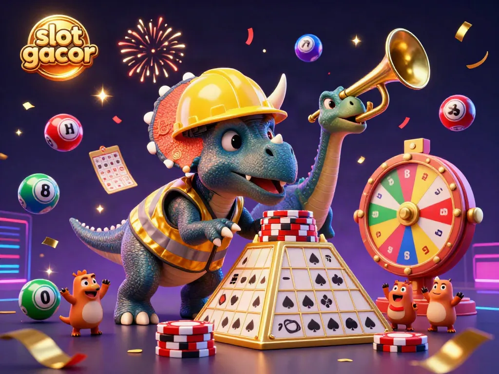 Celebrate winning moments with slot gacor as colorful balls bounce around joyful 3D characters in a vibrant casino scene.