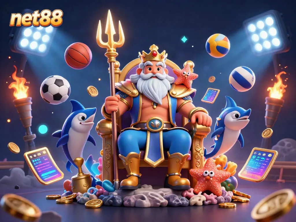 Experience the excitement of net88 with a 3D illustration of Neptune and gaming elements.