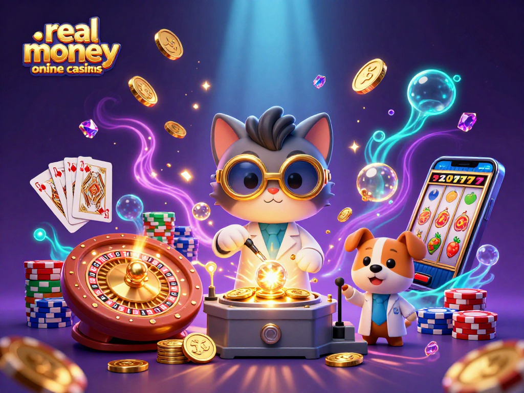 Launch into the world of real money online casinos with an explosive scene of animated fun and gaming excitement.