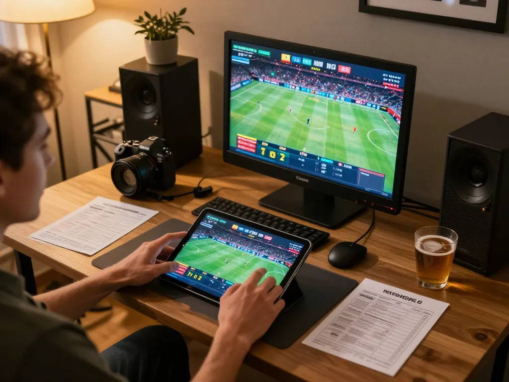 Engaging in sports betting at home on a tablet showcased at https://tr88.bio/ with vibrant event graphics.