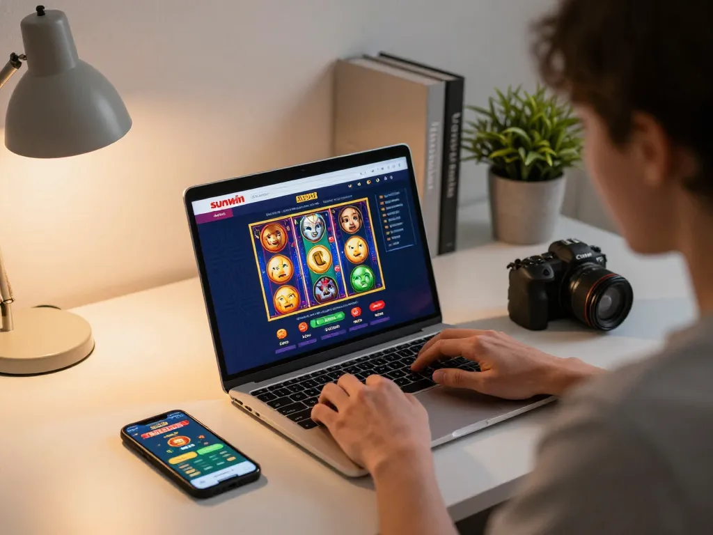 Player engaging with sunwin online slots on laptop in a cozy setup with stylish decor