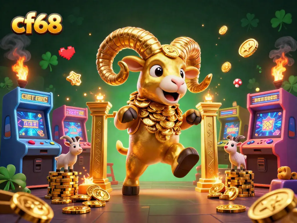 Engage with the exciting cf68 gaming scene featuring a charging golden ram and vibrant game elements.