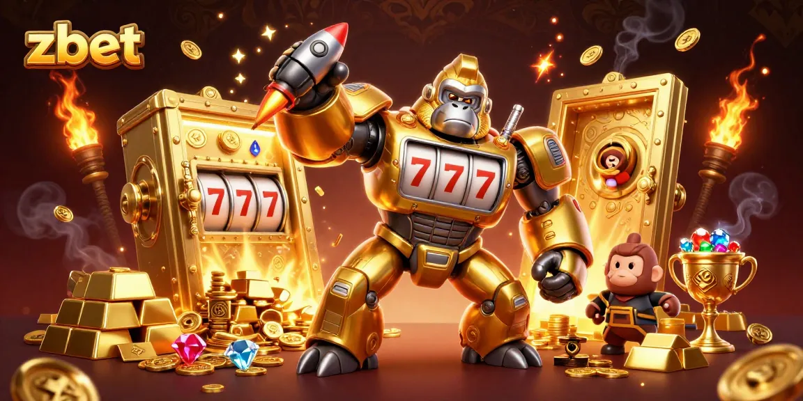Zbet showcases a dynamic transformer-style gorilla mech surrounded by treasure, epitomizing exhilarating casino excitement.
