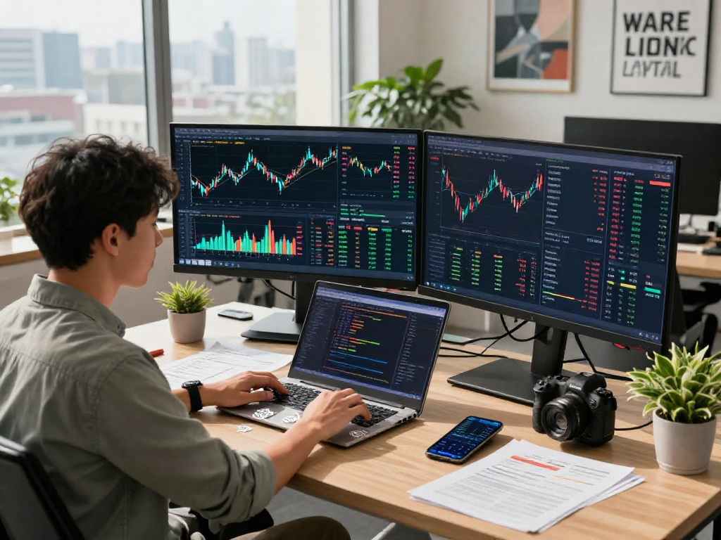 Dynamic workspace depicting developer analyzing Germany stock backtesting API and global market data.