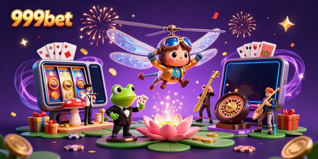 Experience thrilling play with 999bet featuring a dragonfly pilot and frog croupier in a vibrant casino scene.