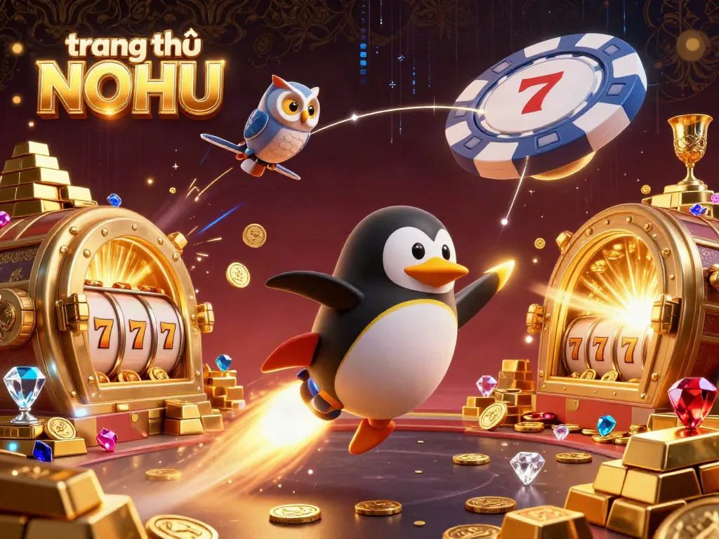 Experience the excitement at trang chủ NOHU with a golden penguin headed to a vibrant casino space station, amidst treasures.