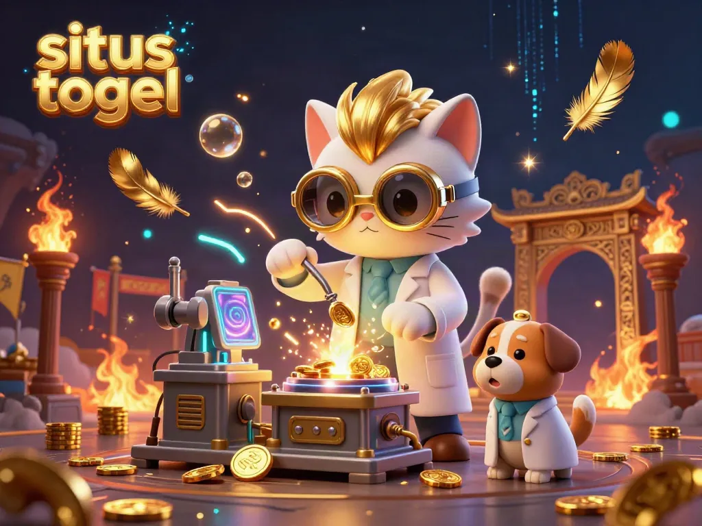 Engage in situs togel gaming excitement with a cartoon scientist and dog amidst a scene of coins, sparks, and ancient elements.