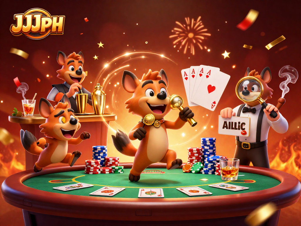 Engage with JJJPH at a lively comedy casino club featuring hyenas and vibrant poker elements.