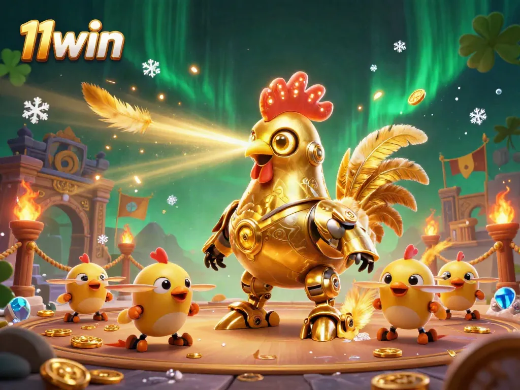 Experience thrilling 11win gaming action with a futuristic rooster robot and chick drones in a casino.