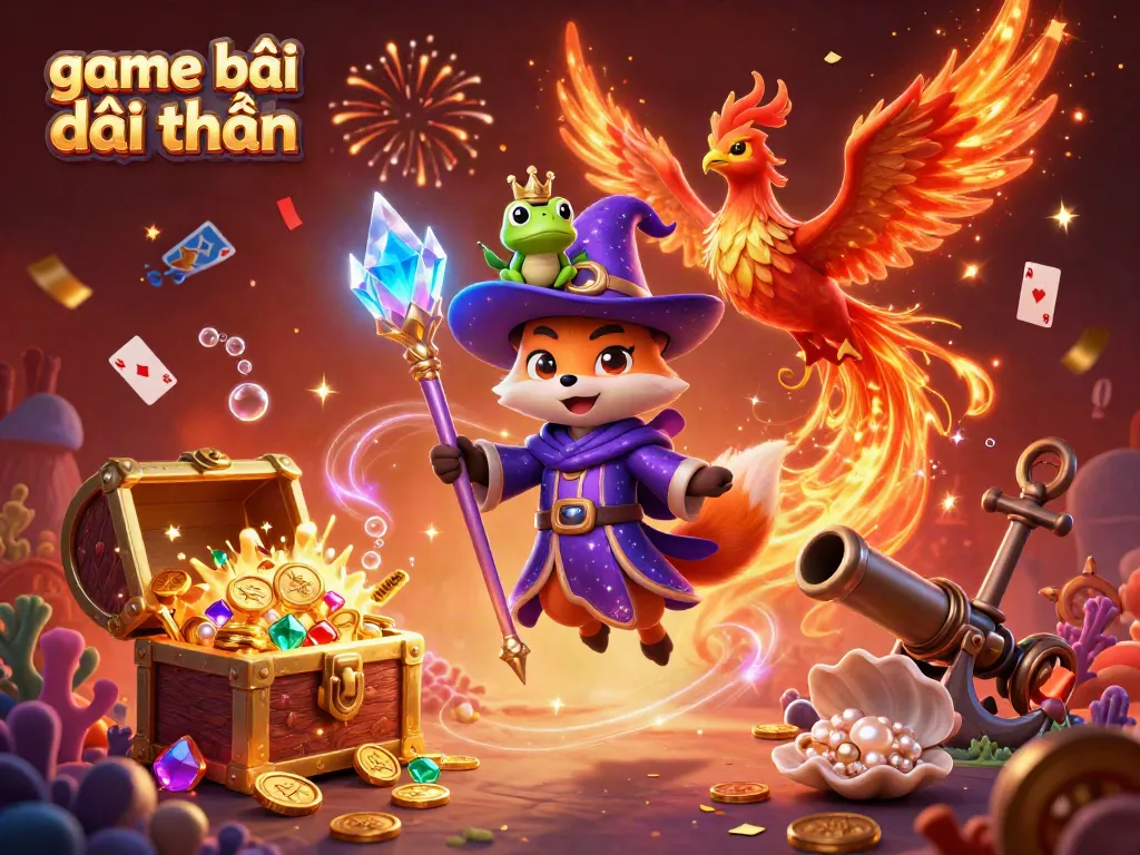 Experience game bài đổi thưởng with vibrant fantasy characters, jewels, and casino elements.