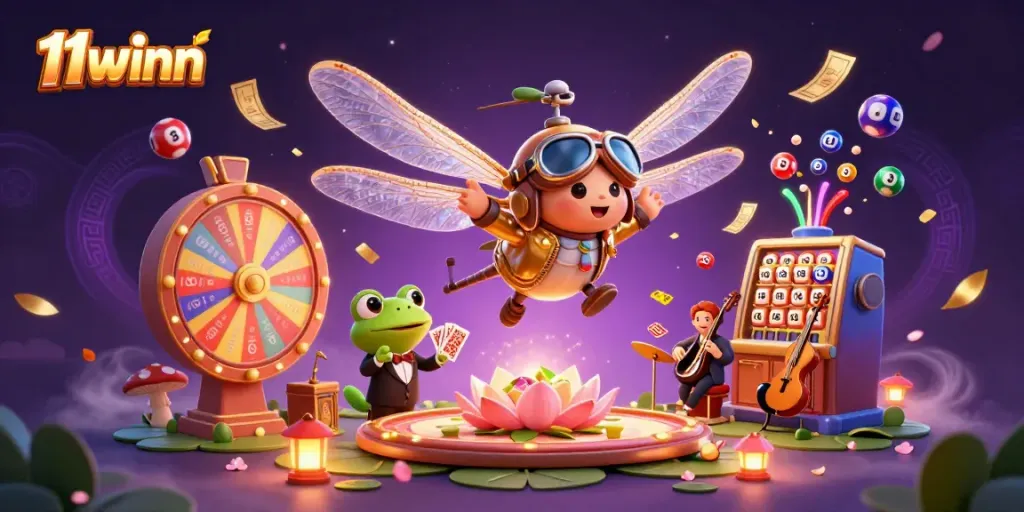 Engage with the vibrant 11winn casino scene featuring a dragonfly pilot and frog croupier.