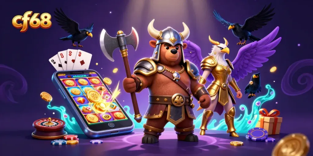 Win big with cf68 slot games featuring a Viking bear and Valkyrie, experience the thrill!