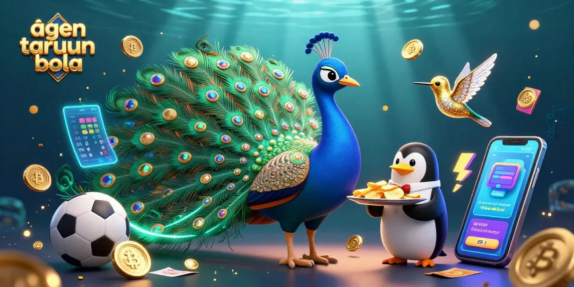 Engage with agen taruhan bola betting strategies featuring peacock, penguin, and hummingbird amidst sports elements.