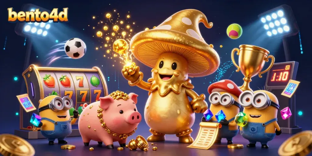 Experience the excitement of bento4d with a magical casino-themed illustration featuring golden elements and sports.