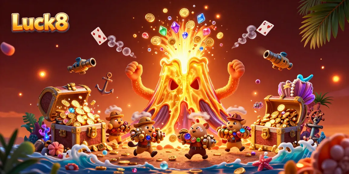 Luck8 engages players with a dynamic scene of treasure-filled adventure and casino elements.