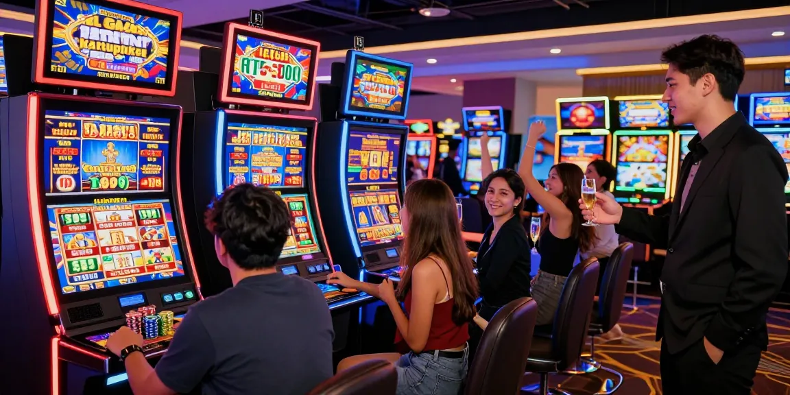 Exciting scene of Slot Gacor Hari Ini Kartupoker with players celebrating wins at colorful slot machines in a vibrant online casino.