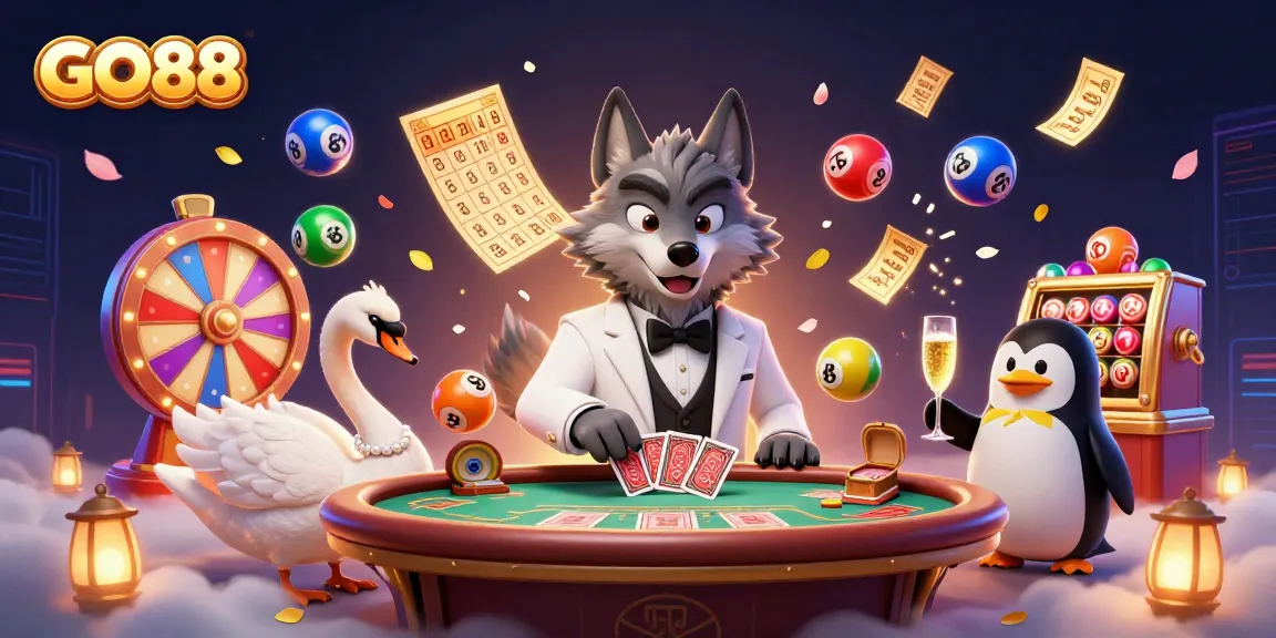 GO88 Casino scene featuring a charming wolf, elegant swan, and sophisticated penguin, engaging in vibrant gameplay.