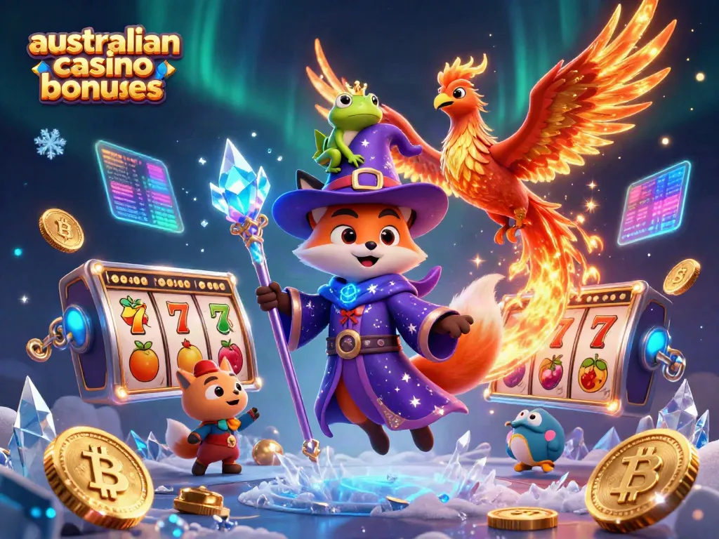 Engaging illustration of australian casino bonuses featuring a wizard fox, phoenix, and magical elements around slot icons.