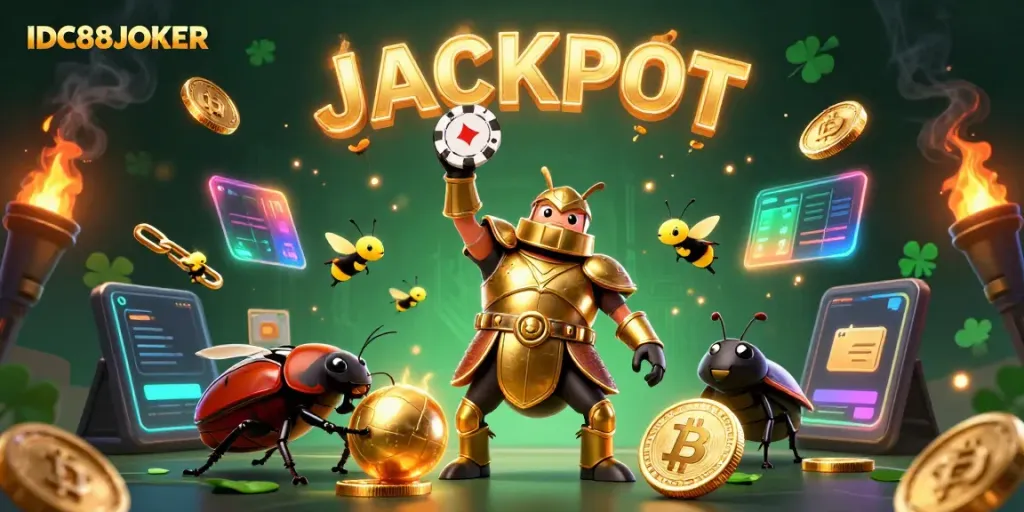 Win big with IDC88JOKER as heroic characters celebrate jackpots in a vibrant casino scene.
