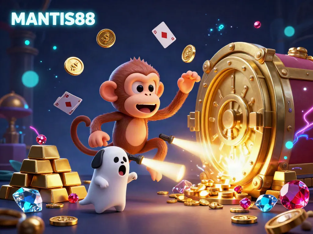 MANTIS88 invites players into a haunted casino with a poltergeist monkey and a curious ghost-hunter puppy.