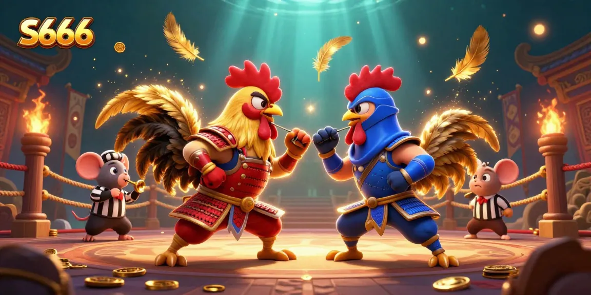 S666 features twin roosters in an epic standoff amidst golden feathers, symbolizing competitive gaming.