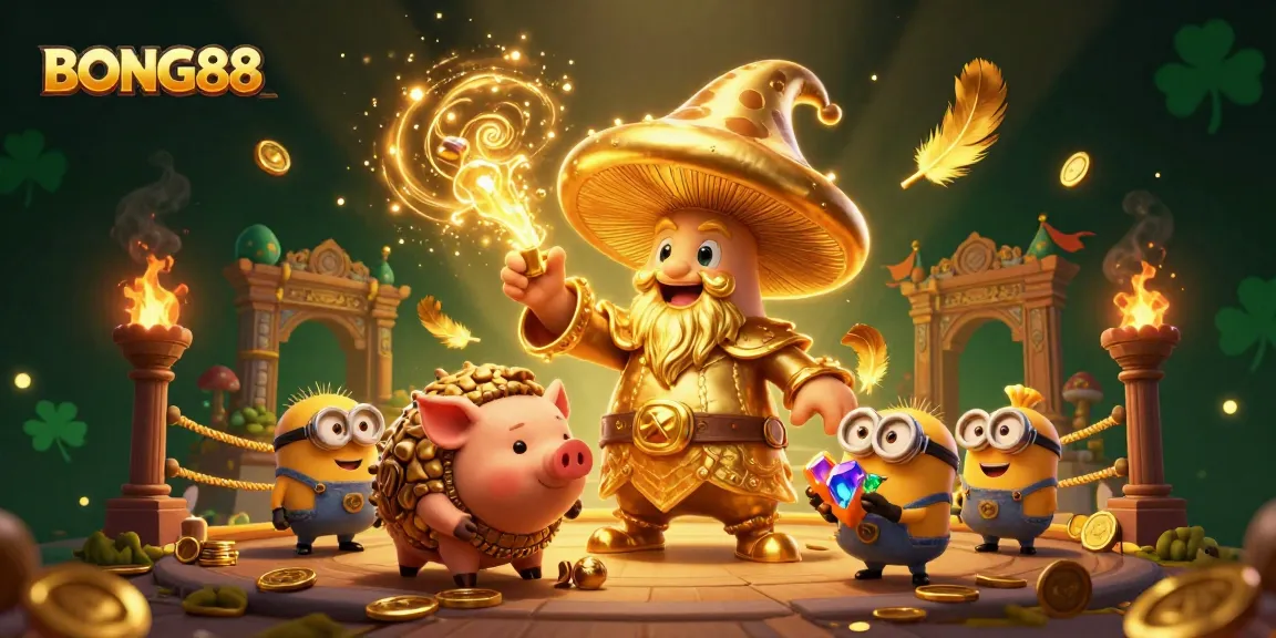 Experience magical gaming with BONG88’s enchanting characters and casino elements in this vibrant 3D illustration.
