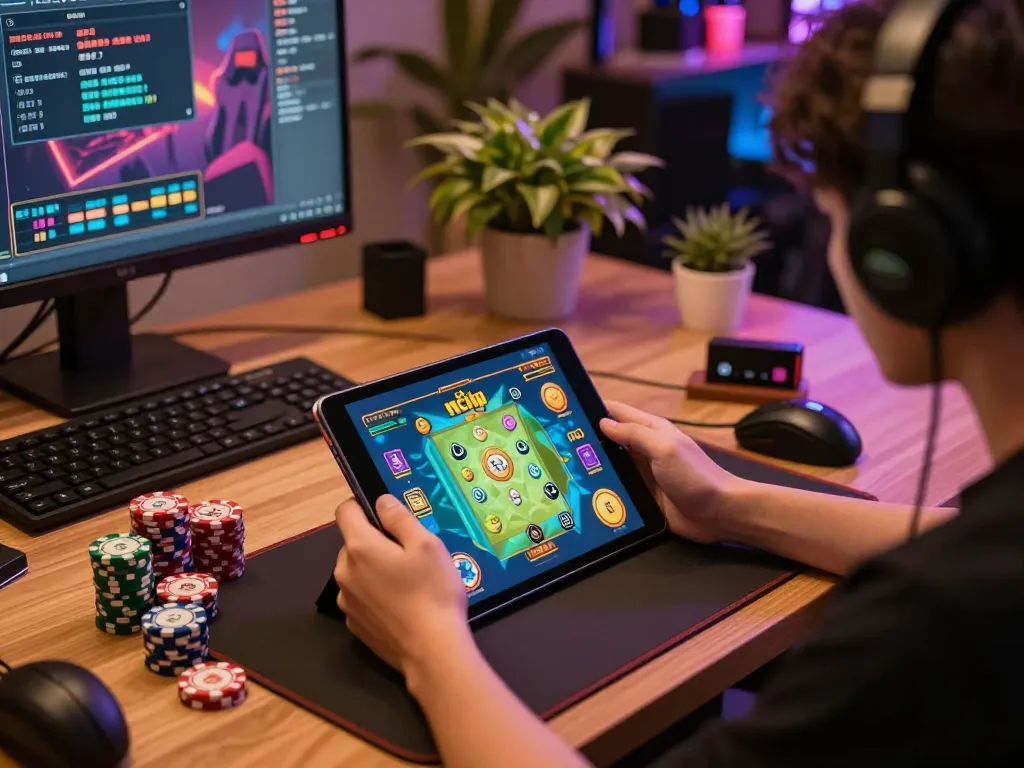 Nổ Hũ gaming experience with intense focus on tablet screen and engaging gameplay in a vibrant setting