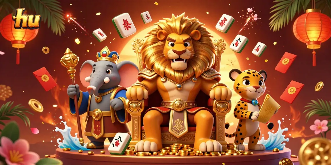 Experience thrilling gaming at hu with the majestic lion king, surrounded by gambling treasures and vibrant elements.