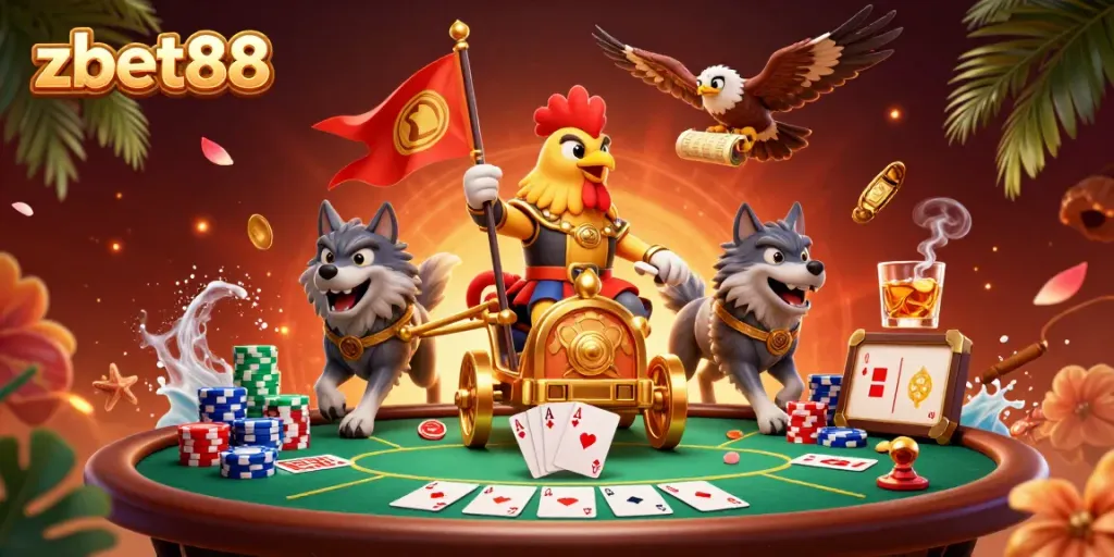 Engage in zbet88's online casino vibe with a dynamic rooster warlord amidst vibrant poker elements.