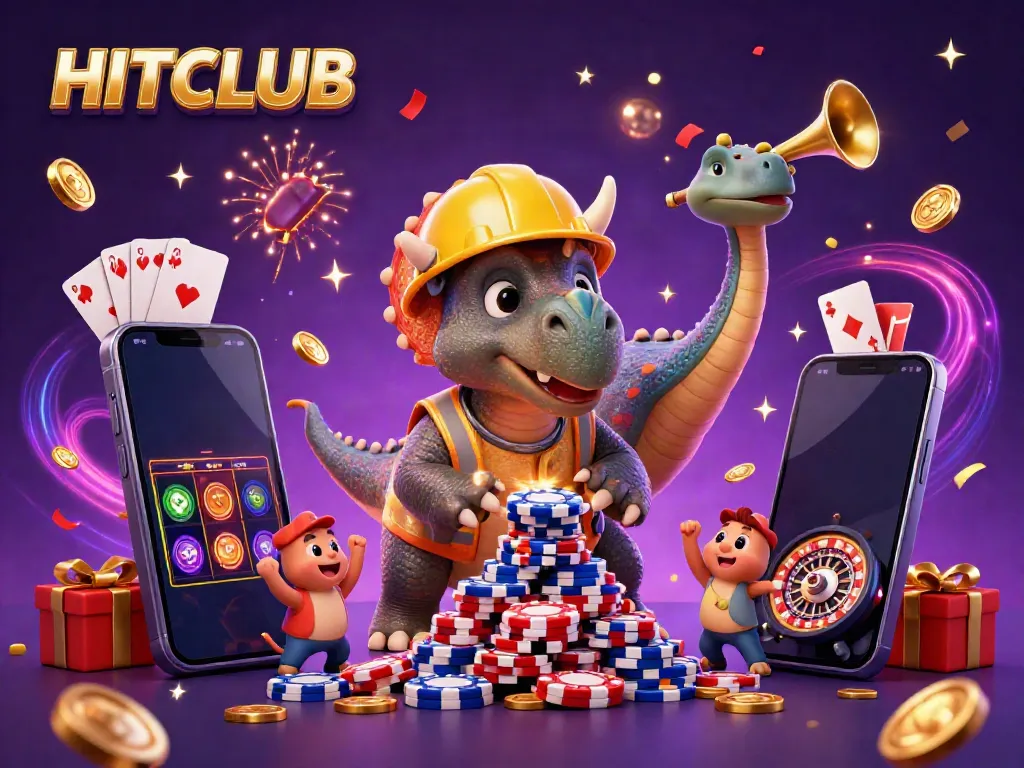HITCLUB showcases a vibrant casino scene with characters building high stacks of poker chips.