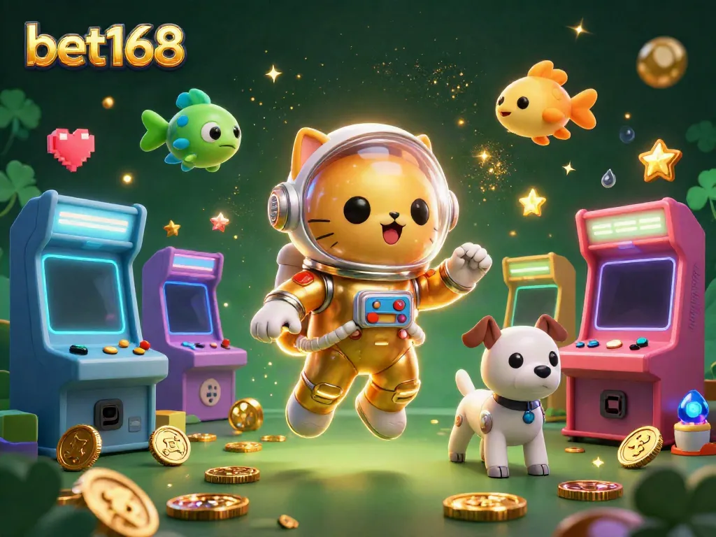 Experience thrilling gameplay with bet168's dynamic casino-themed illustration featuring a space cat and robot dog.