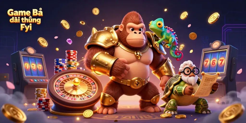 Engage with Game Bài Đổi Thưởng Fyi in a vibrant scene of gambling excitement and mythical characters.