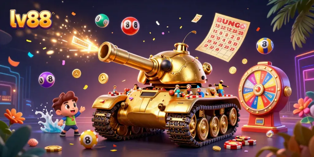Experience excitement with lv88 in a vibrant gambling scene featuring a miniature casino inside a golden tank.