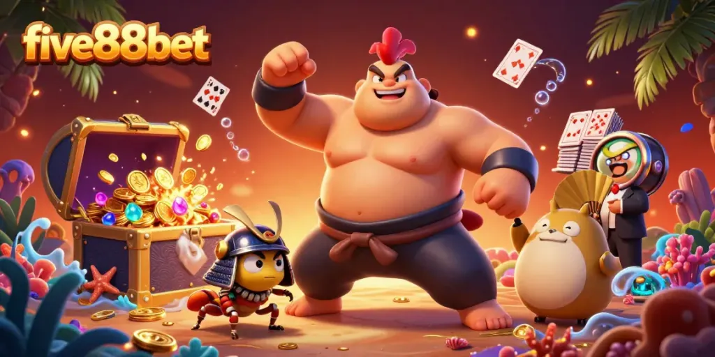 Engage in thrilling gameplay at five88bet with characters celebrating slots and jackpots.