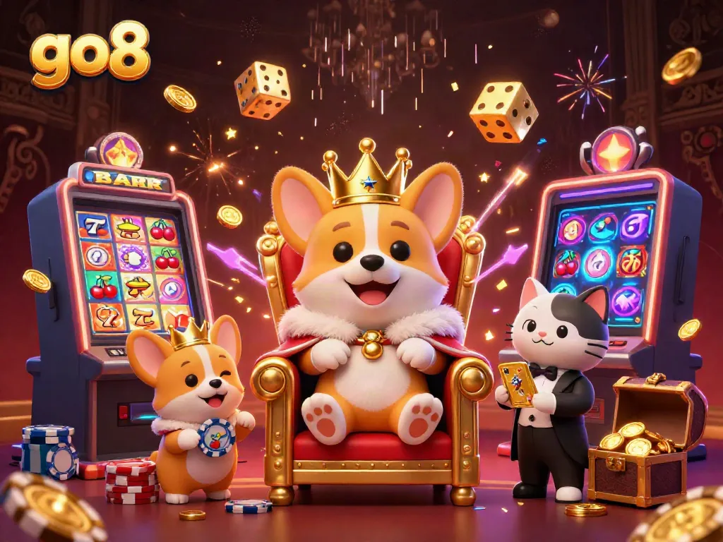 Engage with go8's vibrant 3D casino scene featuring a royal corgi on poker chips amidst jackpot symbols.