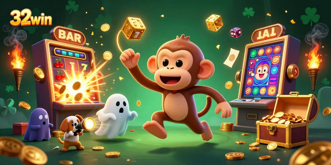 Engage with 32win's thrilling casino scene featuring a playful poltergeist monkey and the curious puppy hunter