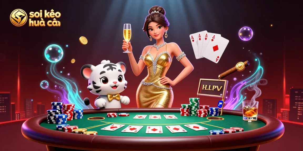 Sparkling scene showcasing soi kèo nhà cái with a glamorous woman and a lucky tiger cub gambling at a poker table.