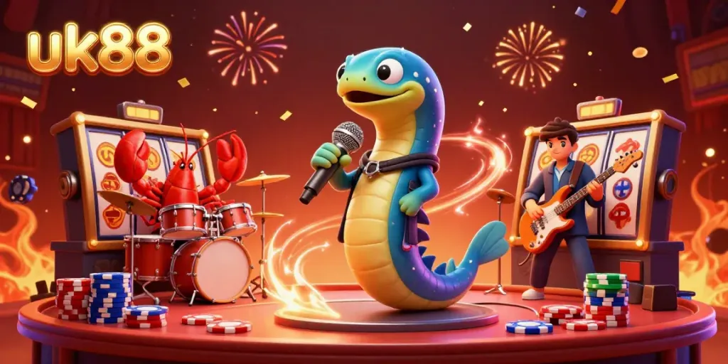 Experience the excitement of uk88's underwater casino scene with vibrant slot reels and lively characters.