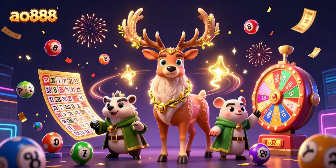Spin the reels and win big at ao888 with a vibrant, colorful gambling-themed scene filled with lottery balls, prizes, and festive elements.