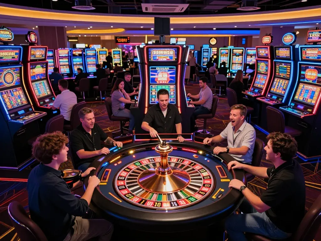Playing rokok 88 at a lively casino slot machine area with vibrant displays and enthusiastic players.