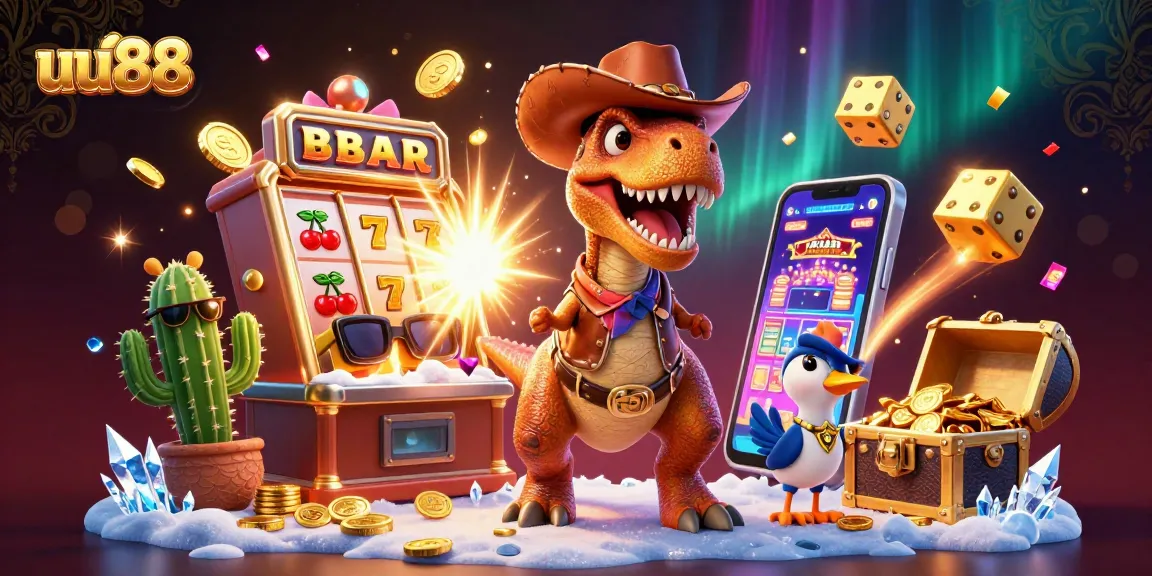 uu88 showcases an exciting jackpot explosion with T-Rex and friends in a dynamic casino environment.