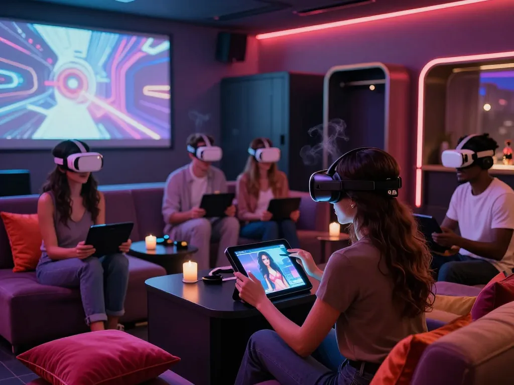 Engaging adults exploring AI sex experiences in a futuristic lounge environment.